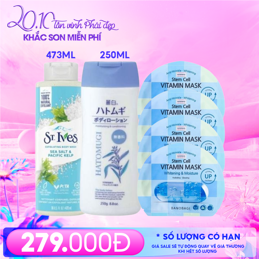 Combo 20/10 - Chăm Da Mềm Mịn: (Sữa Tắm Muối Biển ST.IVES 473ml + Sữa Dưỡng Thể Không Mùi Hatomugi  250g + Mặt Nạ Cấp Ẩm, Dưỡng Sáng Banobagi  #Whitening & Moisture (4 miếng))