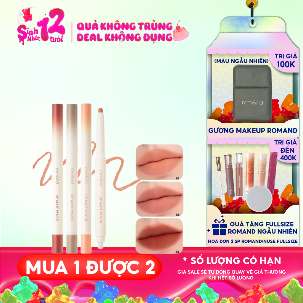 Chì Kẻ Viền Môi Romand Nhung Lì, Lâu Trôi, Thiết Kế 2 Đầu Lip Mate Pencil 0.5g