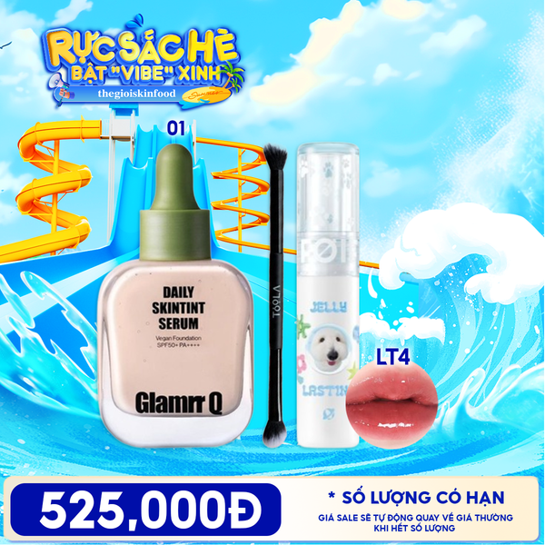  Combo Son Tint Bóng FOIF Jelly Lasting Tint + Kem Nền Glamrr Q Daily Skintint Serum Vegan Foundation + Cọ Trang Điểm 2 Đầu Toola TOOLA Double Ended 