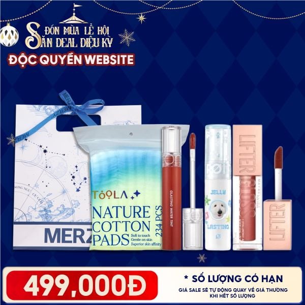  Túi Quà Giáng Sinh 499K: 1 Son Romand + 1 Son FOIF + 1 Son Maybelline + 1 Bông Tẩy Trang 234M + Túi 