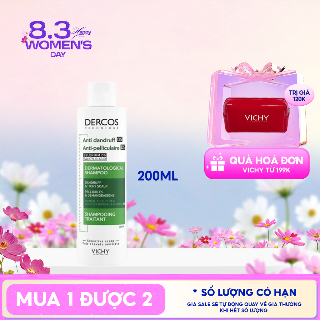 [200ml] Dầu Gội Vichy Làm Sạch Gàu, Hỗ Trợ Giảm Ngứa Dành Cho Da Dầu Dercos Anti Dandruff Dermatological Shampoo