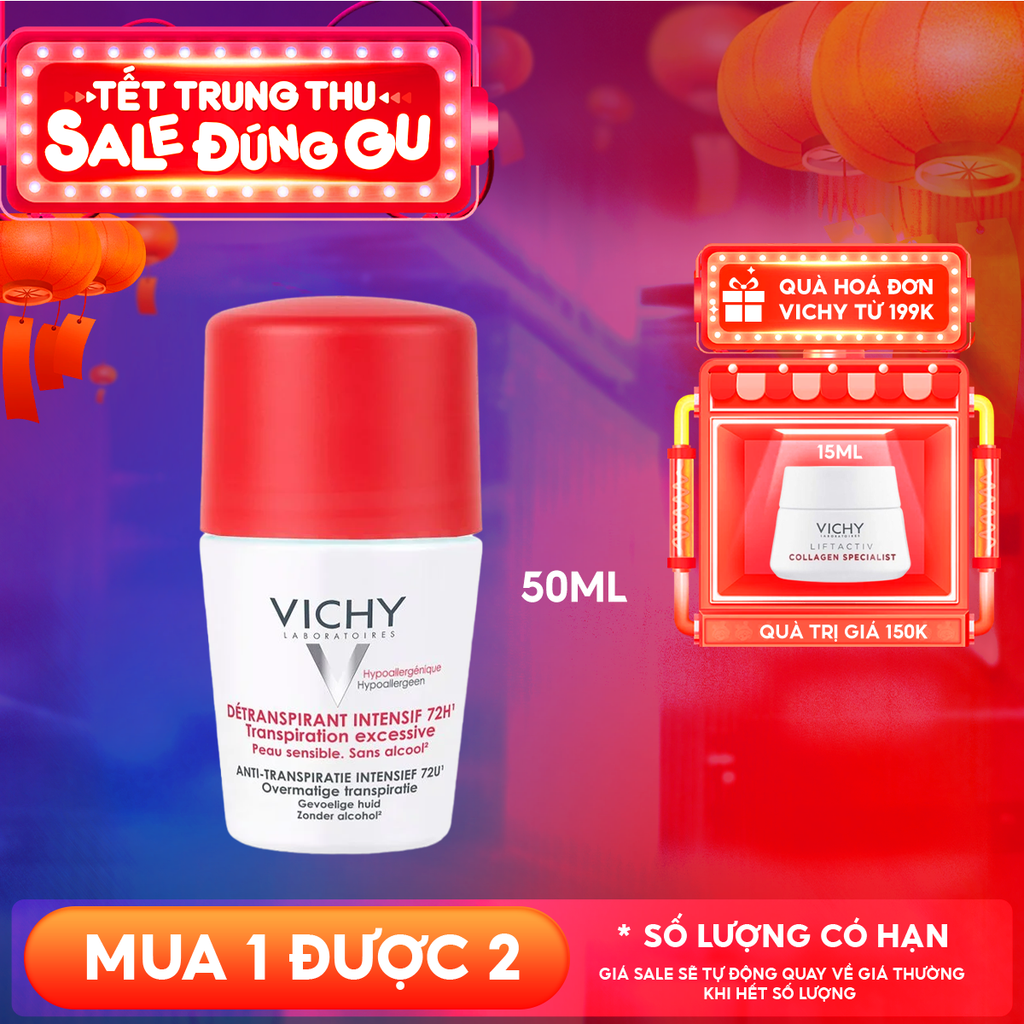 Lăn Khử Mùi Vichy Ngăn Mồ Hôi, Giữ Khô Thoáng Suốt 72H Detranspirant Intensif 72H 50ml (Che tên sản phẩm khi giao hàng)
