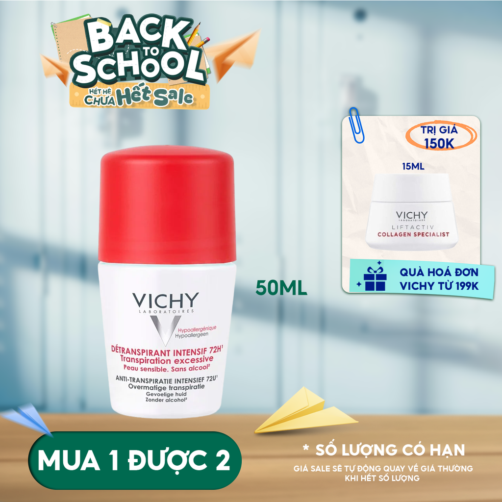 Lăn Khử Mùi Vichy Ngăn Mồ Hôi, Giữ Khô Thoáng Suốt 72H Detranspirant Intensif 72H 50ml (Che tên sản phẩm khi giao hàng)
