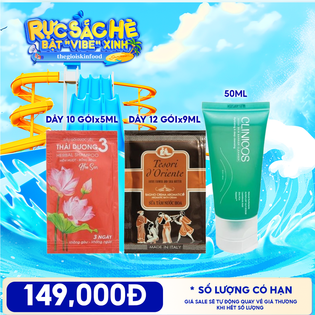 Combo Travel: Dây 10 Gói Dầu Gội Dược Liệu Thái Dương 3 + Dây 12 Gói Sữa Tắm Tesori d'Oriente Aromatic Bath Cream + Gel Rửa Mặt Clinicos Thanh Mát Good Skin Barrier Cleanser 50ml