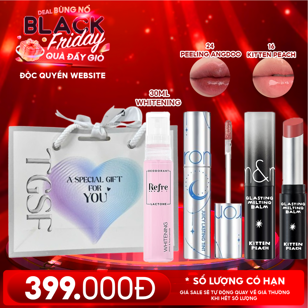 Combo Quà Tặng 20/11: Son Tint Lì Romand Juicy Solunar Edition + Son Dưỡng Có Màu Romand Glasting Melting Balm + Xịt Khử Mùi Refre 30ml + Túi Quà