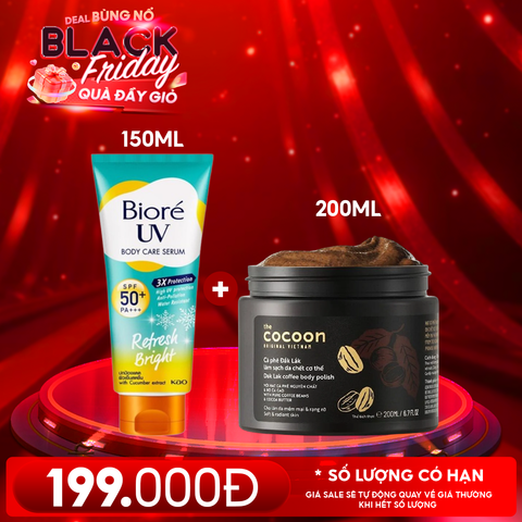 Combo Quà Tặng 20/11: Serum Dưỡng Thể Chống Nắng Bioré Refresh Bright 150ML + Tẩy Da Chết Body Cocoon Cà Phê Dak Lak 200ML