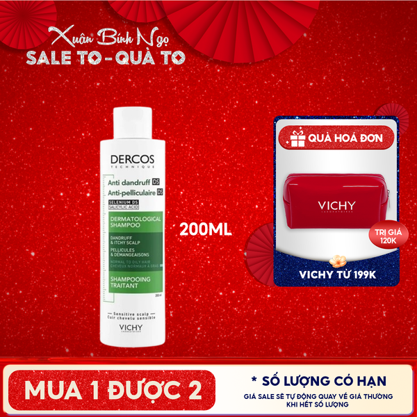  [200ml] Dầu Gội Vichy Làm Sạch Gàu, Hỗ Trợ Giảm Ngứa Dành Cho Da Dầu Dercos Anti Dandruff Dermatological Shampoo 