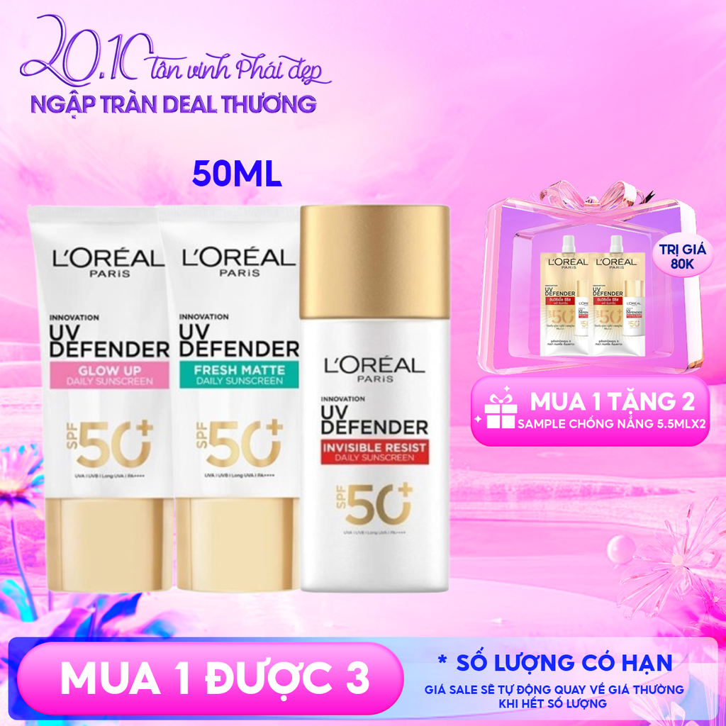Kem Chống Nắng L'Oreal Mịn Nhẹ, Bảo Vệ Da, Ngăn Ngừa Lão Hóa UV Defender Serum Protector SPF 50+/PA++++