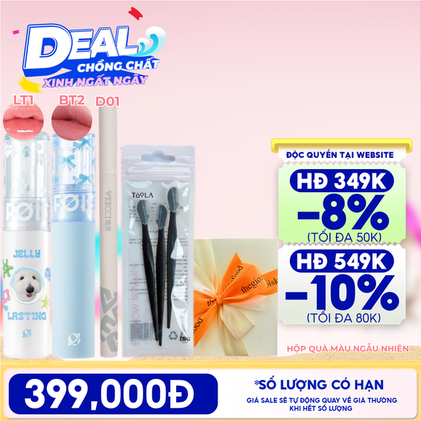  [HỘP QUÀ YÊU THƯƠNG] Son Tint Bóng FOIF Jelly Lasting Tint + Son Kem Lì FOIF Daily Blur Tint + Bút Kẻ Mắt VEECCI Vivid Color Eyeliner Pen + Dao Cao Lông Mày TOOLA + Hộp Quà Ngẫu Nhiên 