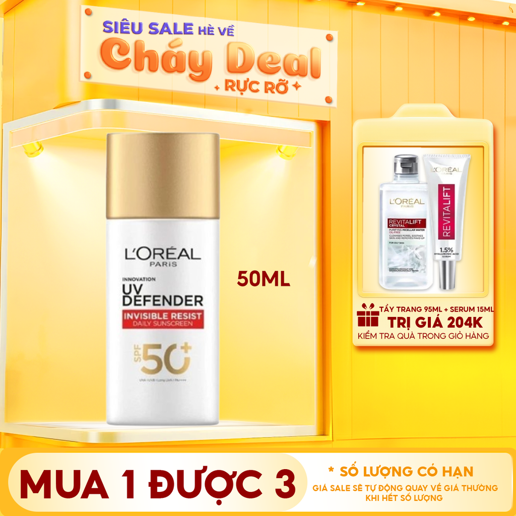 Kem Chống Nắng L'Oreal Mịn Nhẹ, Bảo Vệ Da, Ngăn Ngừa Lão Hóa UV Defender Serum Protector SPF 50+/PA++++
