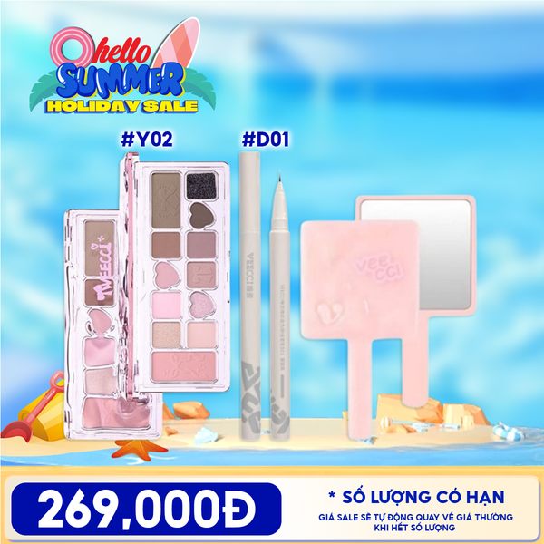 Combo Tiện Lợi: Bảng Phấn Mắt VEECCI  Ribbon Fantasy 11 Color Eyeshadow Palette + Bút Kẻ Mắt VEECCI Vivid Color Eyeliner Pen 0.6ml + Gương Trang Điểm Cầm Tay VEECCI 