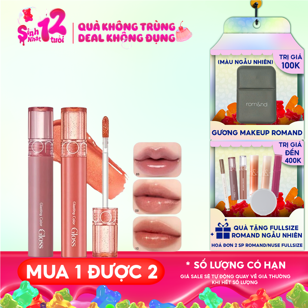 [GIÁ HỦY DIỆT][Màu 01-10][COLOR GLOSS] Son Bóng Romand Cho Môi Căng Mọng, Mềm Mịn Glasting Color Gloss 4g