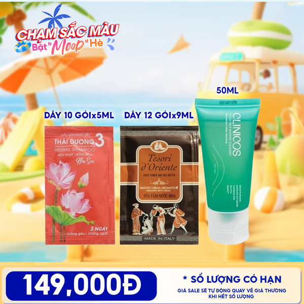  Combo Travel: Dây 10 Gói Dầu Gội Dược Liệu Thái Dương 3 + Dây 12 Gói Sữa Tắm Tesori d'Oriente Aromatic Bath Cream + Gel Rửa Mặt Clinicos Thanh Mát Good Skin Barrier Cleanser 50ml 