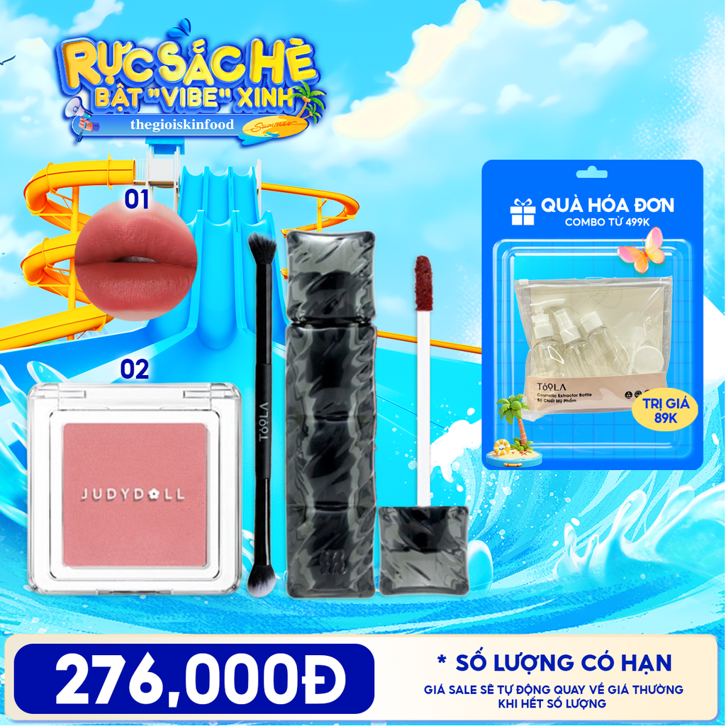 Combo Phấn Má Hồng Đơn Sắc Judydoll Blush Powder + Son Kem Lì Merzy Puffer Velvet Tint + Cọ Trang Điểm 2 Đầu TOOLA Double Ended
