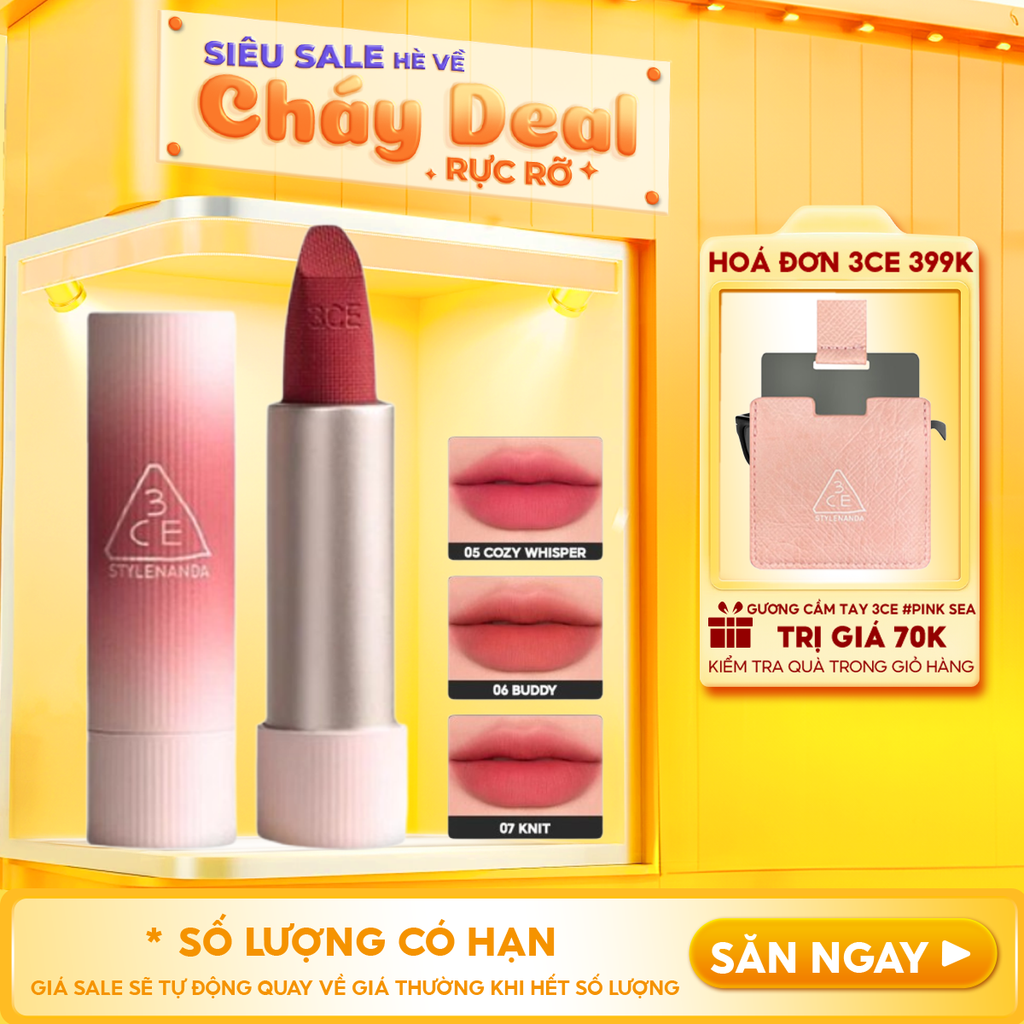 Son Thỏi Mịn Lì, Mềm Môi 3CE Cashmere Hug Lipstick 3.5g
