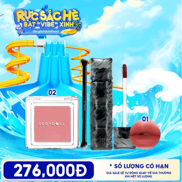  Combo Phấn Má Hồng Đơn Sắc Judydoll Blush Powder + Son Kem Lì Merzy Puffer Velvet Tint + Cọ Trang Điểm 2 Đầu TOOLA Double Ended 