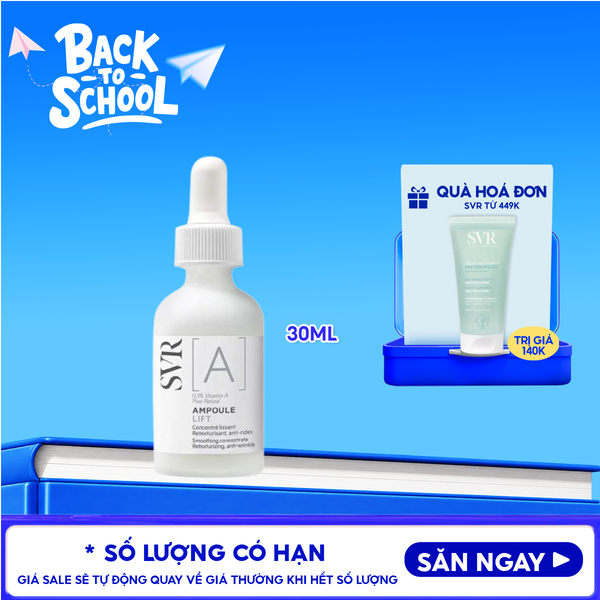  Serum SVR Tinh Chất Ngăn Ngừa Lão Hóa, Dưỡng Da Mềm Mịn [A] Ampoule Lift 30ml + Sữa Rửa Mặt SVR Physiopure Gelée Moussante 200ml 