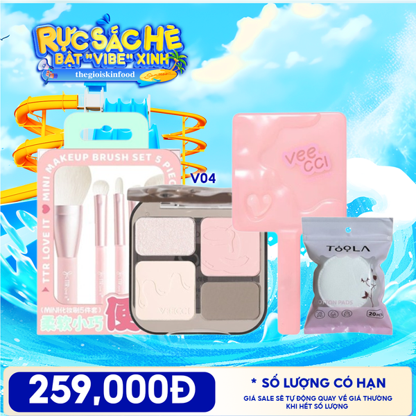  Combo Travel: Phấn Bắt Sáng Và Tạo Khối VEECCI + Gương Trang Điểm Cầm Tay VEECCI + Pack 5 Cọ Trang Điểm Chuyên Dụng TTR Makeup Brush + Bông Tẩy Trang Mềm Mịn TOOLA 