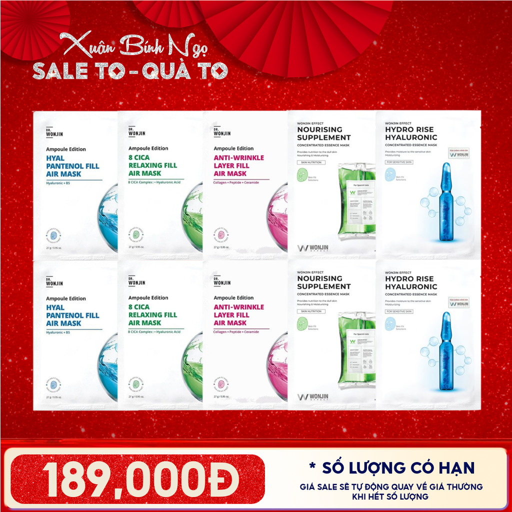 Combo Wonjin 10 Mask: Mặt Nạ Cấp Ẩm Dịu Da Ampoule Edition Fill Air + Mặt Nạ Cấp Ẩm, Hỗ Trợ Dưỡng Sáng Effect Concentrated Essence