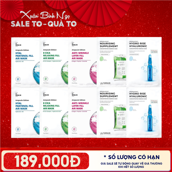  Combo Wonjin 10 Mask: Mặt Nạ Cấp Ẩm Dịu Da Ampoule Edition Fill Air + Mặt Nạ Cấp Ẩm, Hỗ Trợ Dưỡng Sáng Effect Concentrated Essence 