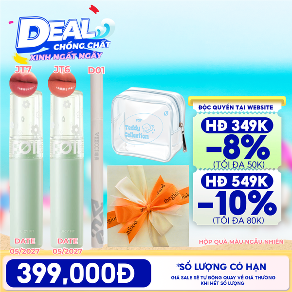  [HỘP QUÀ YÊU THƯƠNG] 2 Son Tint Bóng FOIF Juicy Fit Tint (Date 05/2027) + Bút Kẻ Mắt VEECCI Vivid Color Eyeliner Pen + Túi Make Up Cún Yêu FOIF Teddy Tint Bag + Hộp Quà Ngẫu Nhiên 