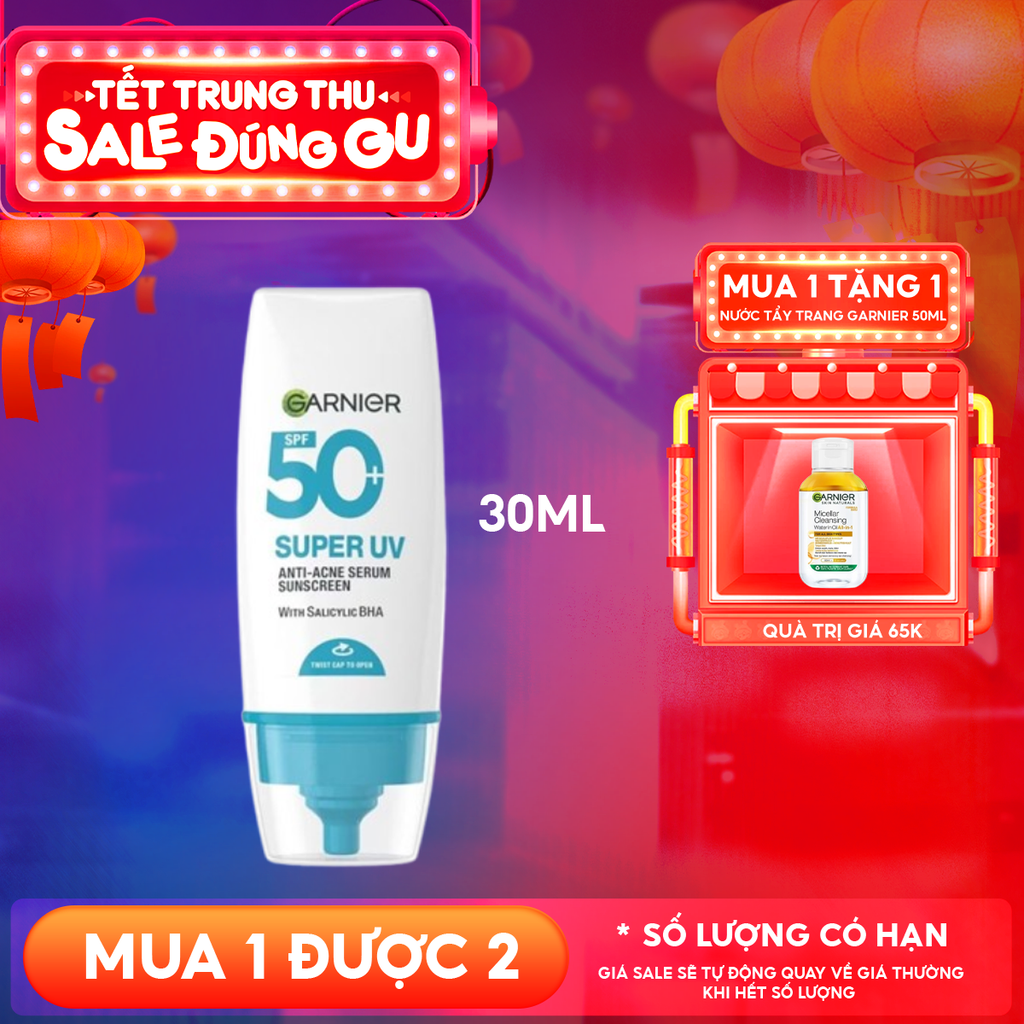 Kem Chống Nắng Phổ Rộng Garnier Kiềm Dầu, Hỗ Trợ Giảm Mụn Super Uv Anti-Acne Serum Sunscreen SPF50+ PA++++ 30ml