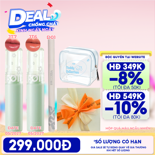  [HỘP QUÀ YÊU THƯƠNG] 2 Son Tint Bóng FOIF Juicy Fit Tint (Date 05/2027) + Bút Kẻ Mắt VEECCI Vivid Color Eyeliner Pen + Túi Make Up Cún Yêu FOIF Teddy Tint Bag + Hộp Quà Ngẫu Nhiên 