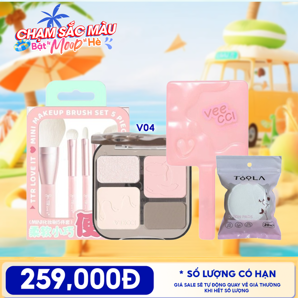  Combo Travel: Phấn Bắt Sáng Và Tạo Khối VEECCI + Gương Trang Điểm Cầm Tay VEECCI + Pack 5 Cọ Trang Điểm Chuyên Dụng TTR Makeup Brush + Bông Tẩy Trang Mềm Mịn TOOLA 