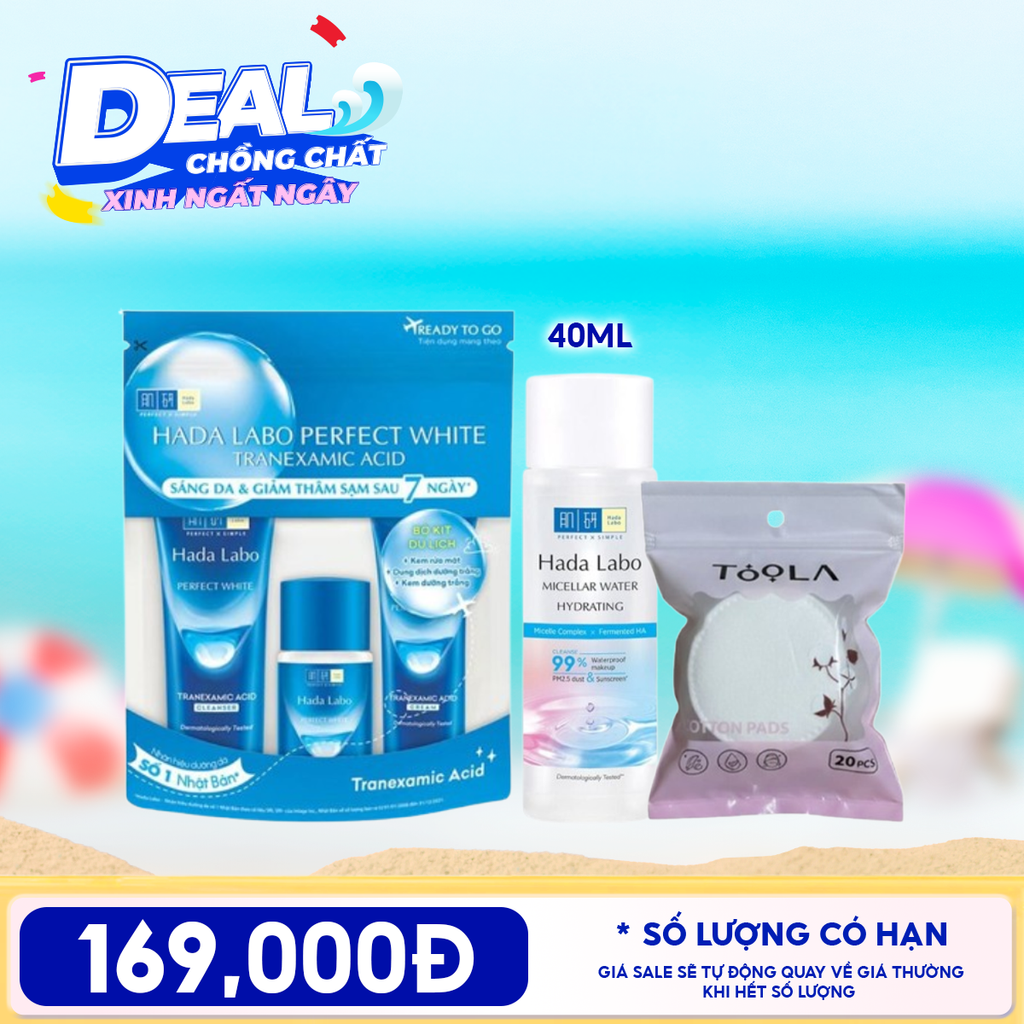 Combo Travel: Bộ Dưỡng Trắng Da Hada Labo Perfect White Tranexamic Acid + Nước Tẩy Trang Hada Labo Micellar Water +  Bông Tẩy Trang Mềm Mịn TOOLA