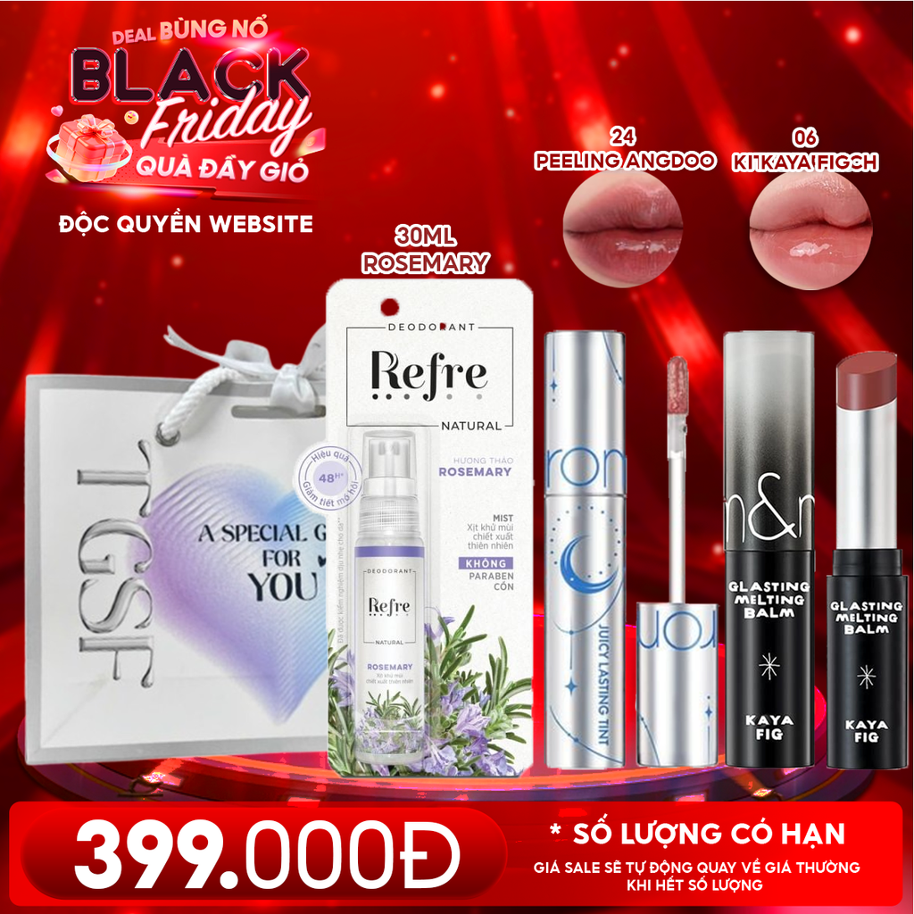Combo Quà Tặng 20/11: Son Tint Lì Romand Juicy Solunar Edition + Son Dưỡng Có Màu Romand Glasting Melting Balm + Xịt Khử Mùi Refre 30ml + Túi Quà