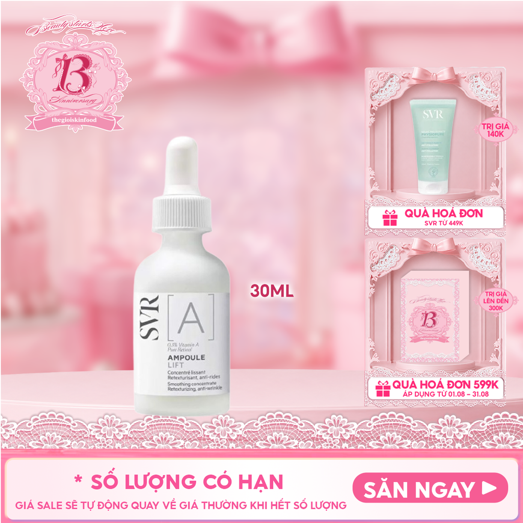 Serum SVR Tinh Chất Ngăn Ngừa Lão Hóa, Dưỡng Da Mềm Mịn [A] Ampoule Lift 30ml + Sữa Rửa Mặt SVR Physiopure Gelée Moussante 200ml