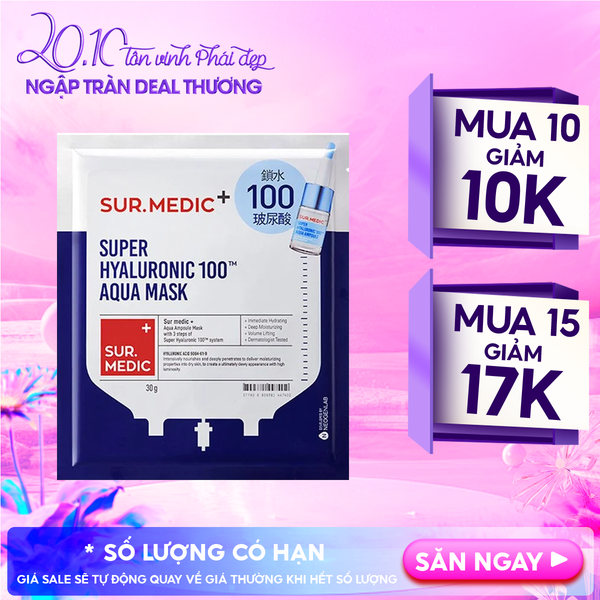  Mặt Nạ Sur.Medic+ Hỗ Trợ Cấp Nước Chuyên Sâu Super Hyaluronic 100™ Aqua Mask 30g 