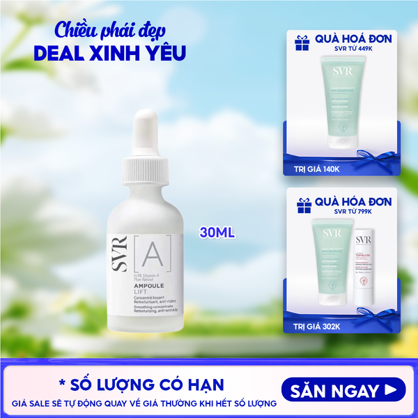 Serum SVR Tinh Chất Ngăn Ngừa Lão Hóa, Dưỡng Da Mềm Mịn [A] Ampoule Lift 30ml + Sữa Rửa Mặt SVR Physiopure Gelée Moussante 200ml 