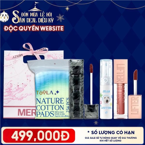  Túi Quà Giáng Sinh 499K: 1 Son Romand + 1 Son FOIF + 1 Son Maybelline + 1 Bông Tẩy Trang 234M + Túi 