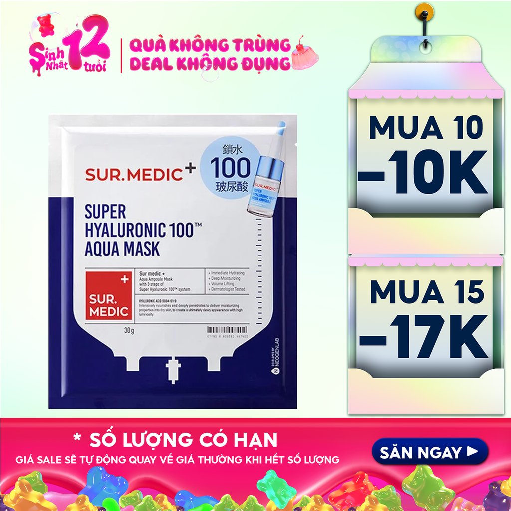Mặt Nạ Sur.Medic+ Hỗ Trợ Cấp Nước Chuyên Sâu Super Hyaluronic 100™ Aqua Mask 30g