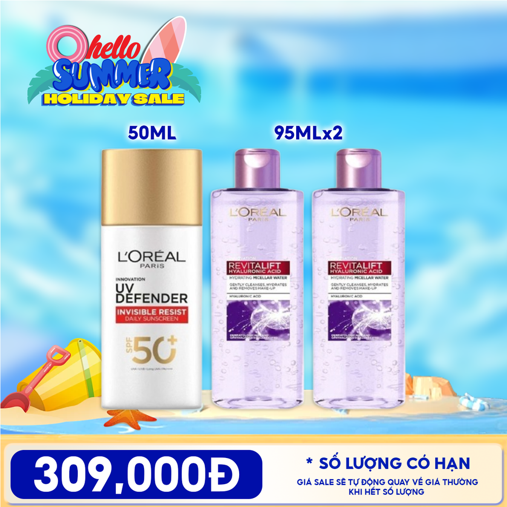 Combo Tiện Lợi: Kem Chống Nắng L'Oreal UV Defender SPF 50ml + Nước Tẩy Trang L'oreal Revitalift Hyaluronic Acid Hydrating Micellar Water