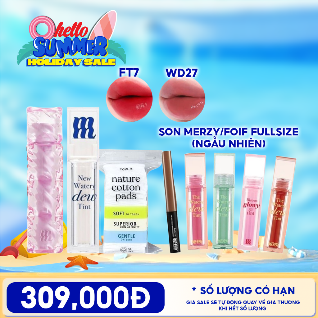 Combo Merzy: Son Tint Merzy Water Fit Blur Tint +  Son Tint Bóng Merzy Merzy New Watery Dew Tint + Bông Tẩy Trang TOOLA Dạng Vuông + Son Merzy/FOIF Fullsize ngẫu nhiên