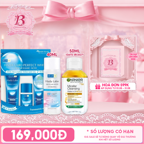  Combo Travel: Bộ Dưỡng Trắng Da Hada Labo Perfect White Tranexamic Acid + Nước Tẩy Trang Hada Labo Micellar Water +  Nước Tẩy Trang Garnier Làm Sạch Sâu Micellar Cleansing Water 