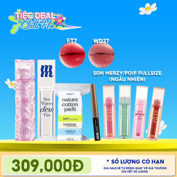 Combo Merzy: Son Tint Merzy Water Fit Blur Tint +  Son Tint Bóng Merzy Merzy New Watery Dew Tint + Bông Tẩy Trang TOOLA Dạng Vuông + Son Merzy/FOIF Fullsize ngẫu nhiên 