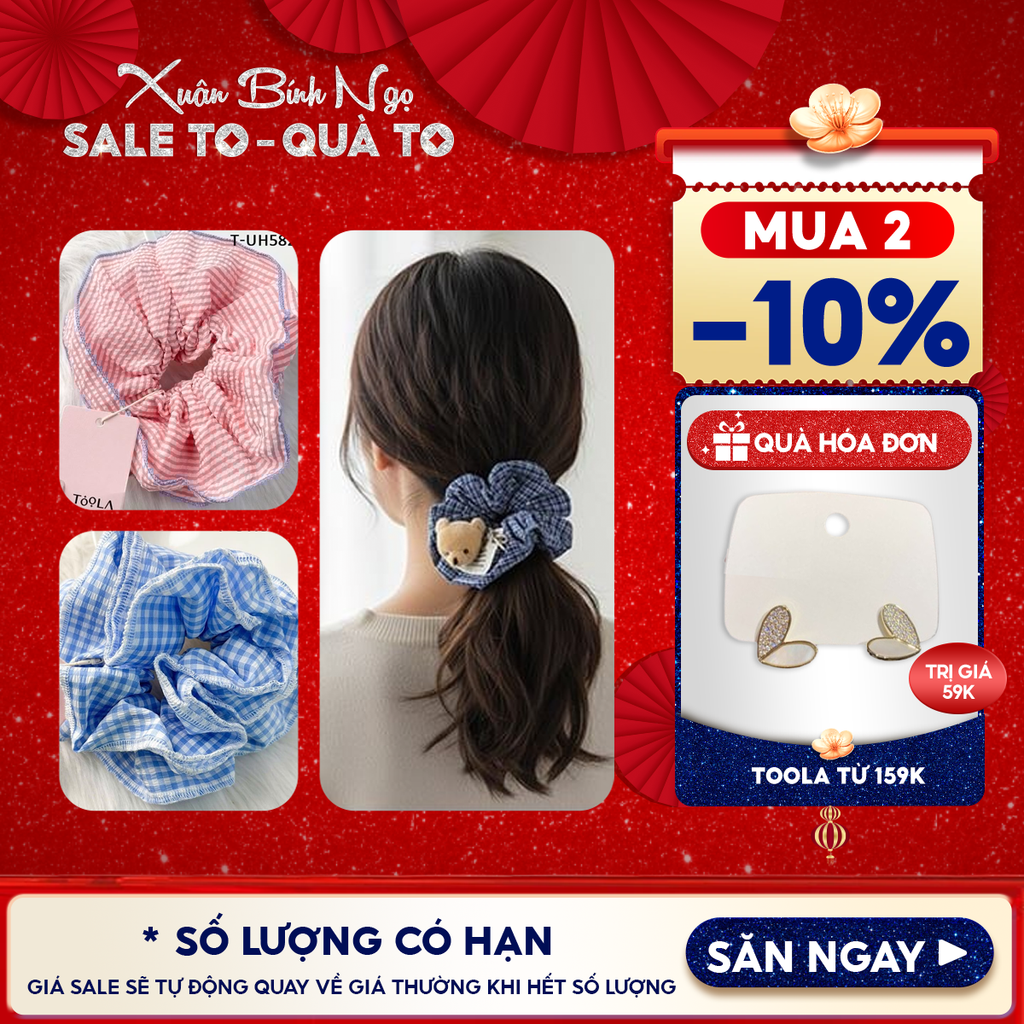 [NHẬP KHẨU] Dây Cột Tóc Scrunchies Sọc Caro, Đính Gấu Cao Cấp TOOLA