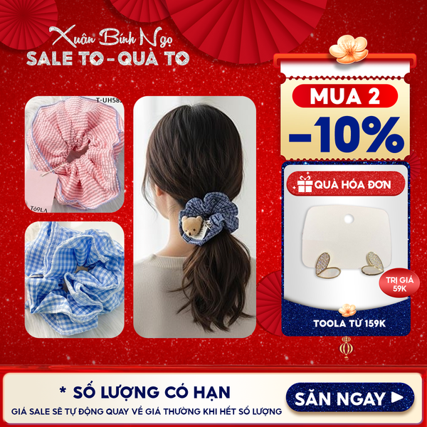  [NHẬP KHẨU] Dây Cột Tóc Scrunchies Sọc Caro, Đính Gấu Cao Cấp TOOLA 