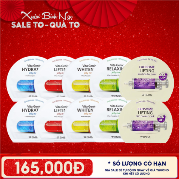  Combo BNBG 10 Mask: Mặt Nạ Miếng Vita Genic Vitamin B (2 miếng) + Vitamin E (2 miếng) + Vitamin A (2 miếng) + Vitamin B3 (2 miếng) + Exosome Lifting (2 miếng) 