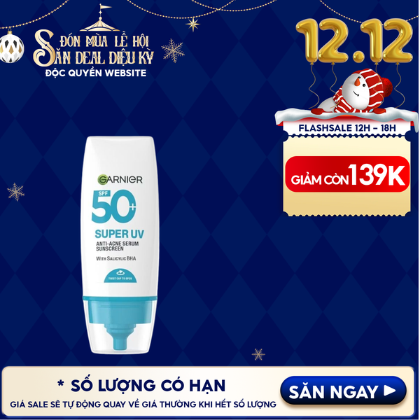  Kem Chống Nắng Phổ Rộng Garnier Kiềm Dầu, Hỗ Trợ Giảm Mụn Super Uv Anti-Acne Serum Sunscreen SPF50+ PA++++ 30ml 