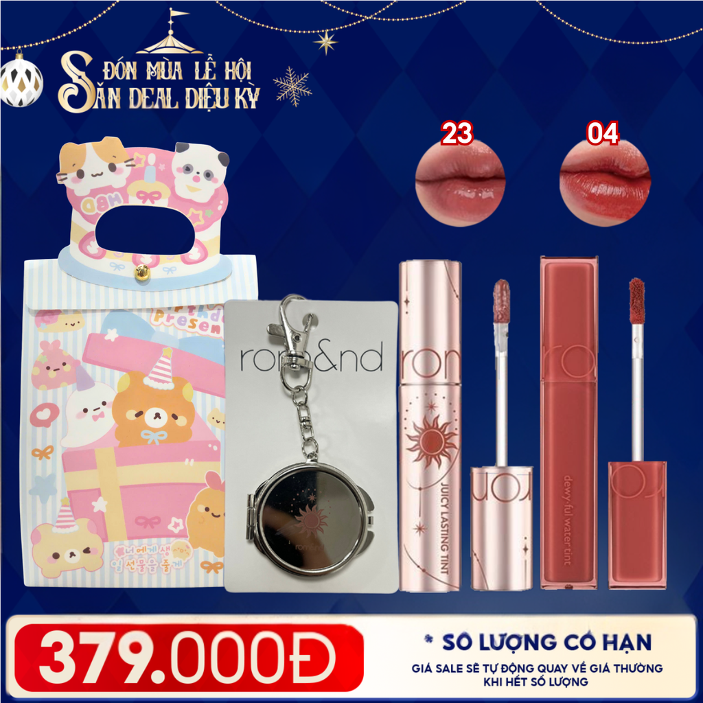 Combo Romand: Son Tint Lì Juicy Solunar Edition + Gương Móc Khóa Romand Solunar + Son Kem Lì Blur Fudge Tint 04 Chili Up + Túi Quà