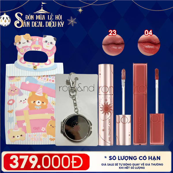  Combo Romand: Son Tint Lì Juicy Solunar Edition + Gương Móc Khóa Romand Solunar + Son Kem Lì Blur Fudge Tint 04 Chili Up + Túi Quà 