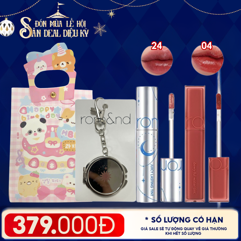 Combo Romand: Son Tint Lì Juicy Solunar Edition + Gương Móc Khóa Romand Solunar + Son Kem Lì Blur Fudge Tint 04 Chili Up + Túi Quà