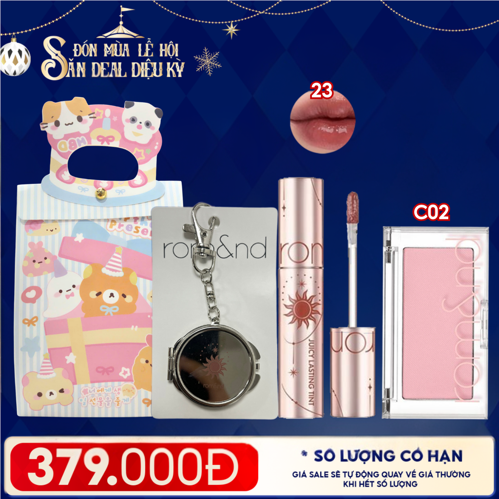 Combo Romand: Son Tint Lì Juicy Solunar Edition + Gương Móc Khóa Romand Solunar + Phấn Má Hồng Better Than Cheek C02 Blueberry Chip + Túi Quà