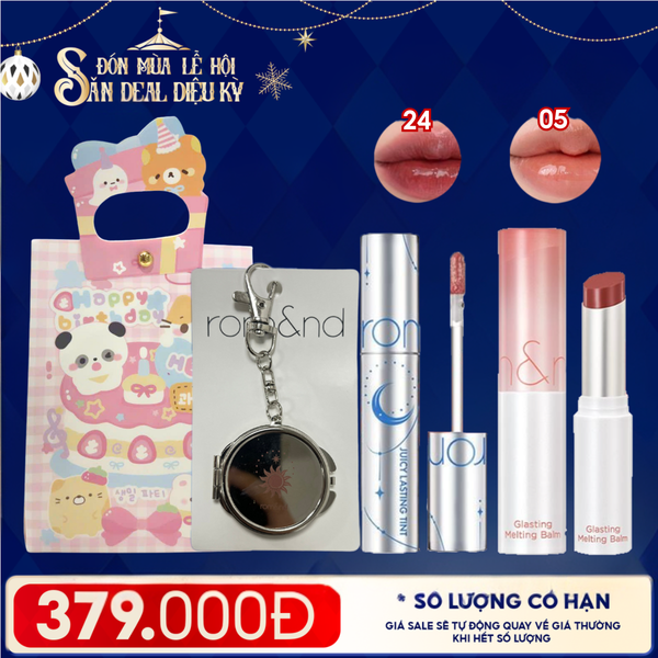  Combo Romand: Son Tint Lì Juicy Solunar Edition + Gương Móc Khóa Romand Solunar + Son Dưỡng Melting Balm 05 Nougat Sand + Túi Quà 