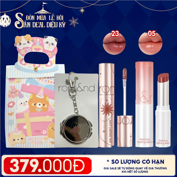  Combo Romand: Son Tint Lì Juicy Solunar Edition + Gương Móc Khóa Romand Solunar + Son Dưỡng Melting Balm 05 Nougat Sand + Túi Quà 