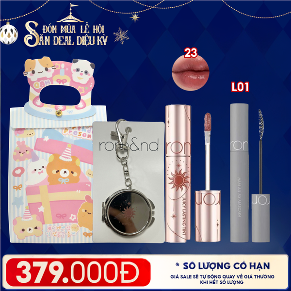  Combo Romand: Son Tint Lì Juicy Solunar Edition + Gương Móc Khóa Romand Solunar + Mascara Chuốt Mi L01 Long Black + Túi Quà 
